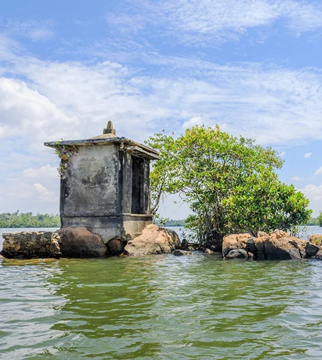 Madu River boat tour passing island temple in Balapitiya